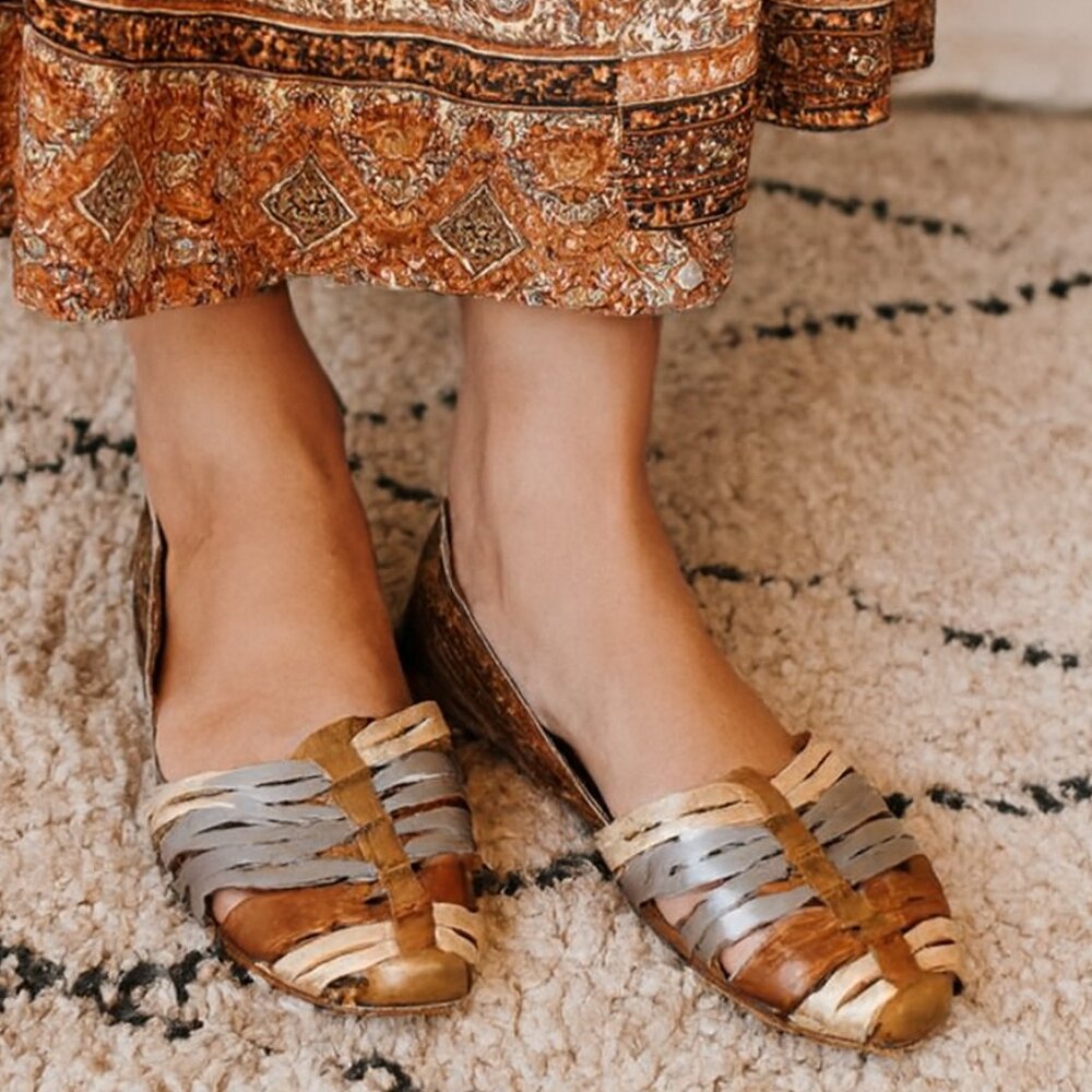 Woven Leather Flats in Brown and Metallic Silver